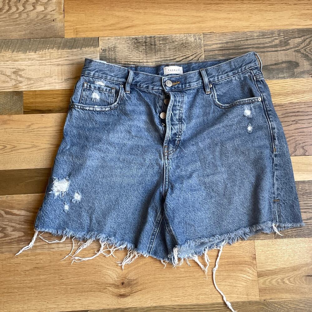 PacSun Women's High Rise Distressed Denim Shorts Blue Cutoff Frayed 30 Waist